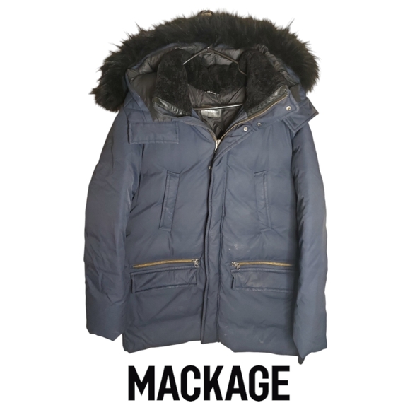 Mackage Men's Blue Down Leather Asiatic Racoon Fur Coat - Picture 1 of 16